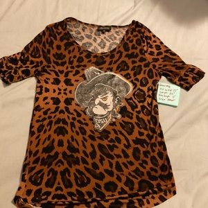 Free ship WOMEN’S GAMEDAY OKLAHOMA STATE PISTOL PETE SHIRT SPARKLE LEOPARD